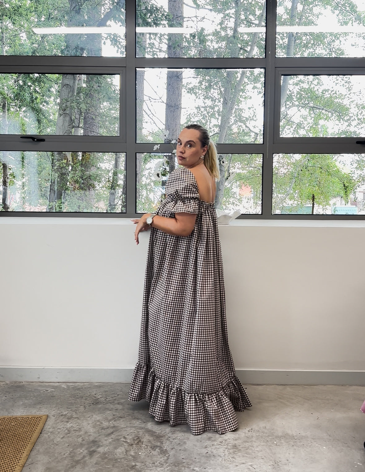 BROWN GINGHAM ROSEBUD MAXI