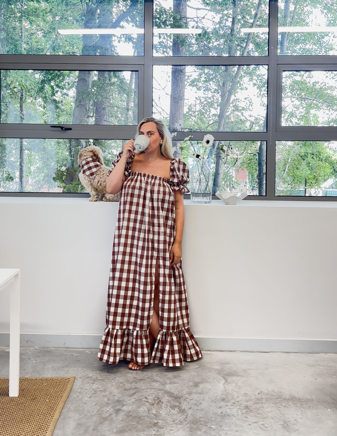 CHOCOLATE BROWN GINGHAM ROSEBUD MAXI