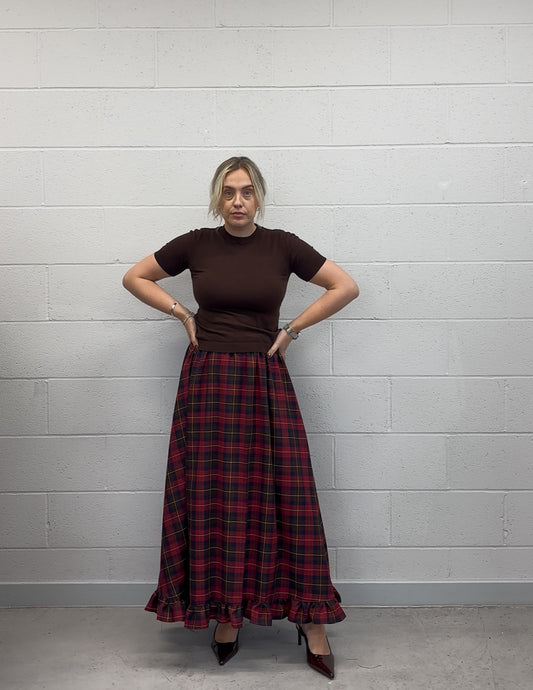 PRE ORDER RED/BROWN TARTAN RUFFLE SKIRT