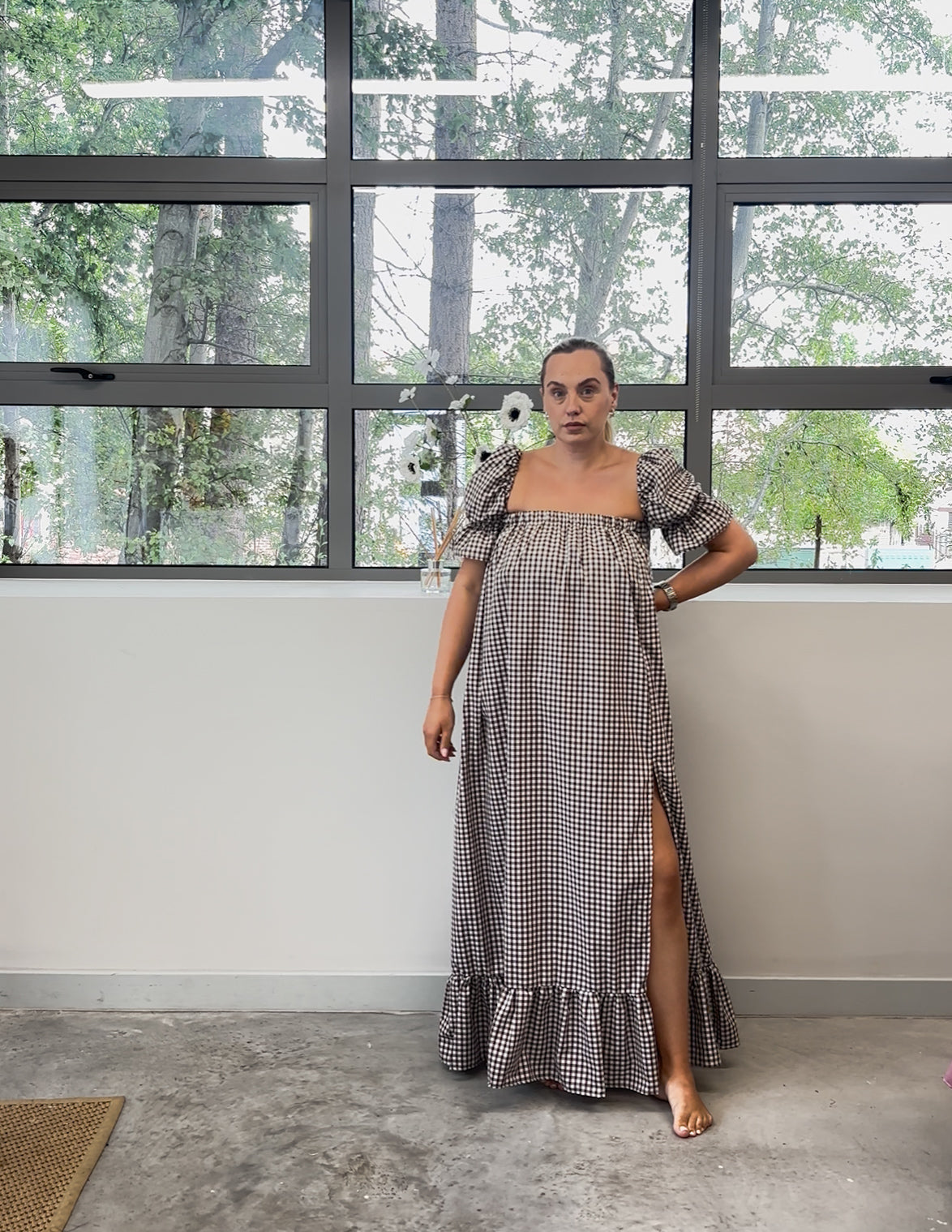 BROWN GINGHAM ROSEBUD MAXI