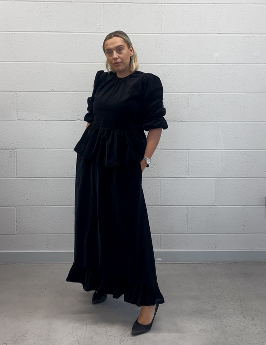 PRE ORDER BLACK VELVET MIDI RUFFLE SKIRT