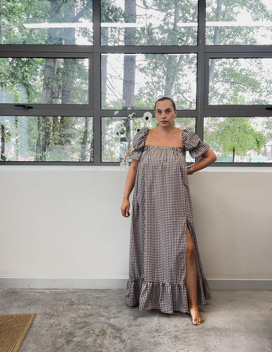 BROWN GINGHAM ROSEBUD MAXI