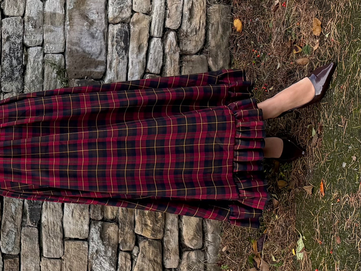 PRE ORDER RED & BROWN TARTAN ELIZABETH MIDI